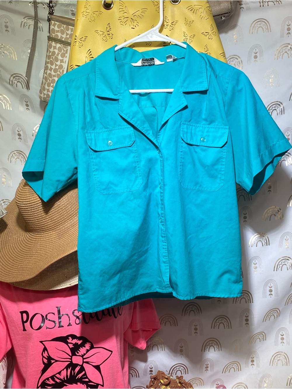 Women's Turquoise Short-Sleeve Button Front Shirt - Unbranded